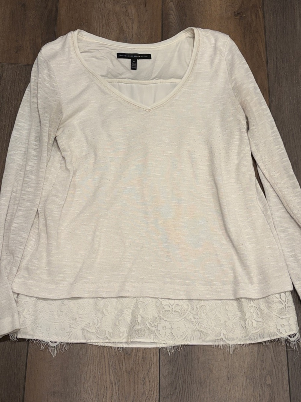 White House Black Market Cream V-Neck Long Sleeve Top with Lace Hem